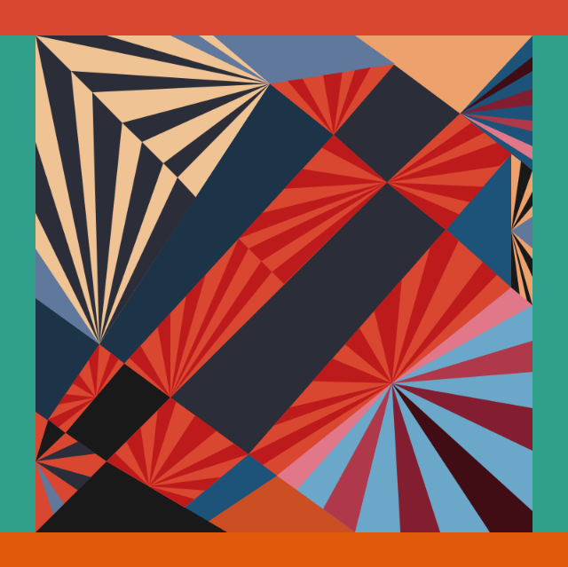 Pattern with triangles coming from a single point in various colors.