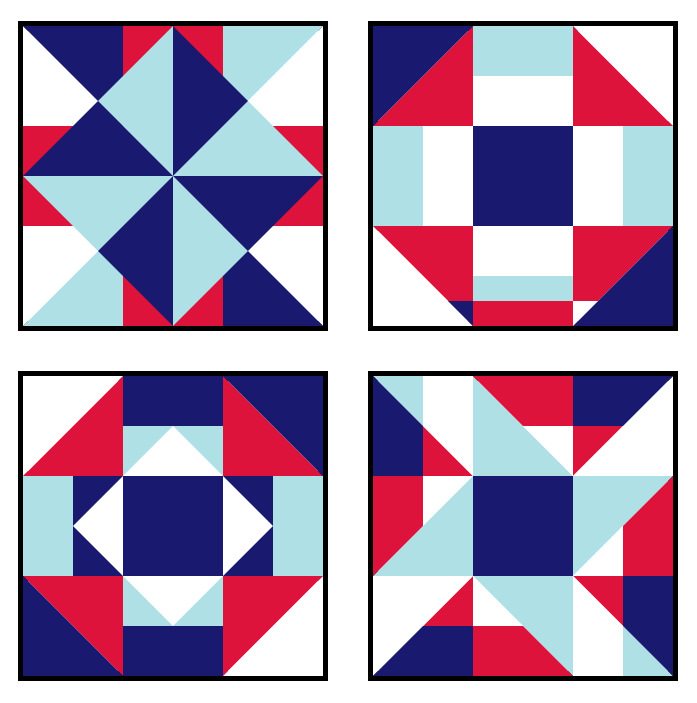Four different pictures where each picture is a combination of triangles, squares, and diamonds.