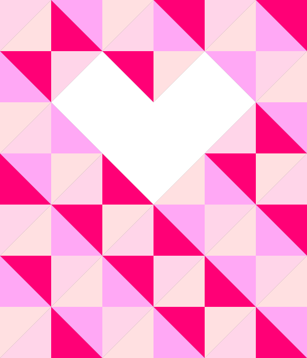 Various shades of pink triangles that create squares surrounding a white heart.