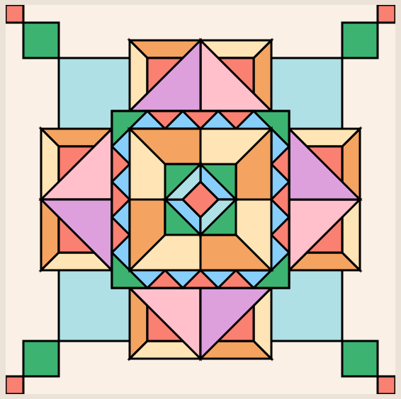 Pattern made of triangles, squares, and diamonds that is symmetric from left to right and top to bottom.