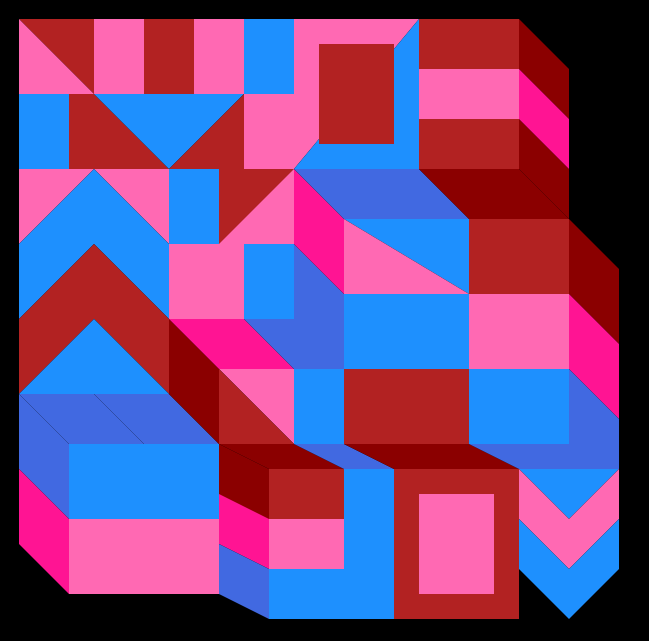 A pattern that looks three dimensional with different levels of pink, red, and blue shapes.