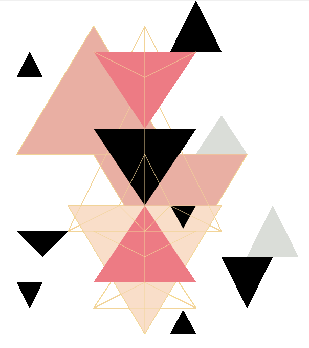 A picture of different pink, black, and gray triangles and gold lines.