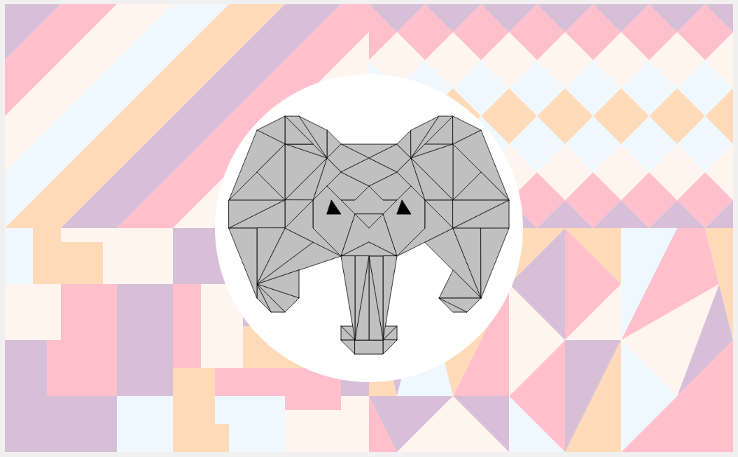 Picture of an elephant made of geometric shapes and surrounded by pastel shapes.