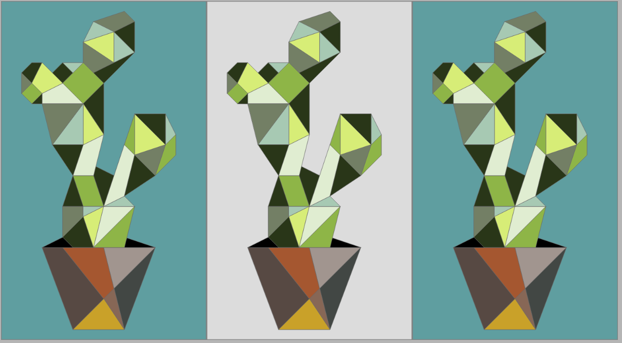 Three cacti made of geometric shapes with different colored backgrounds.