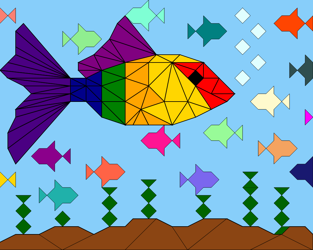 Picture of a rainbow fish made of geometric shapes surrounded by smaller fish.