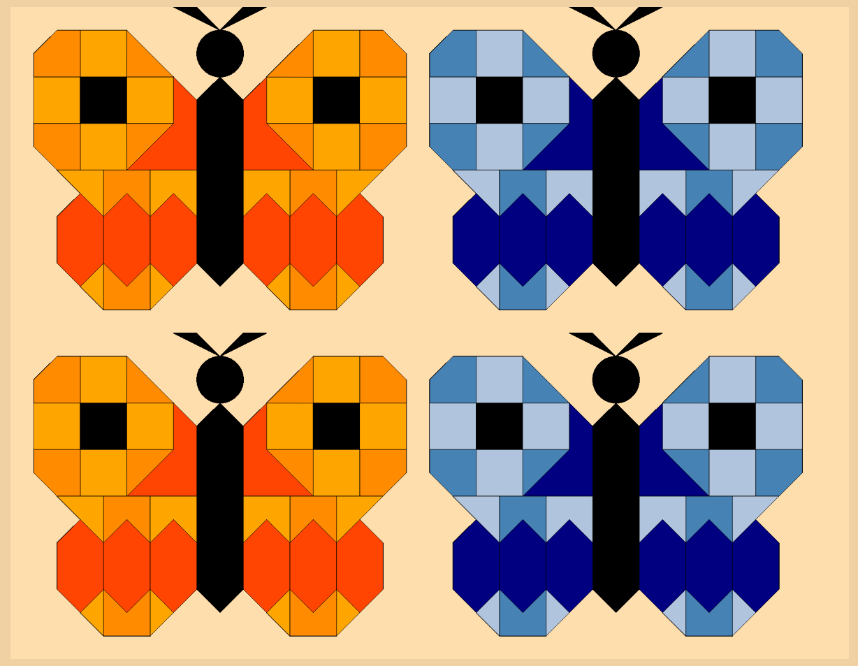 Four butterflies where two are orange and two are blue.