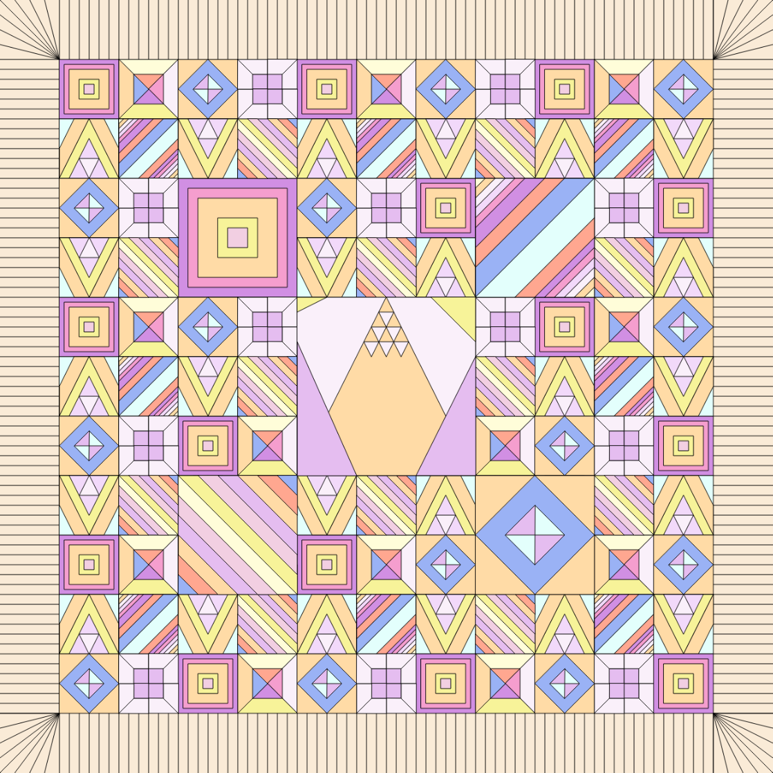 A quilt-like pattern where each square is a different design with triangles, squares, and lines.