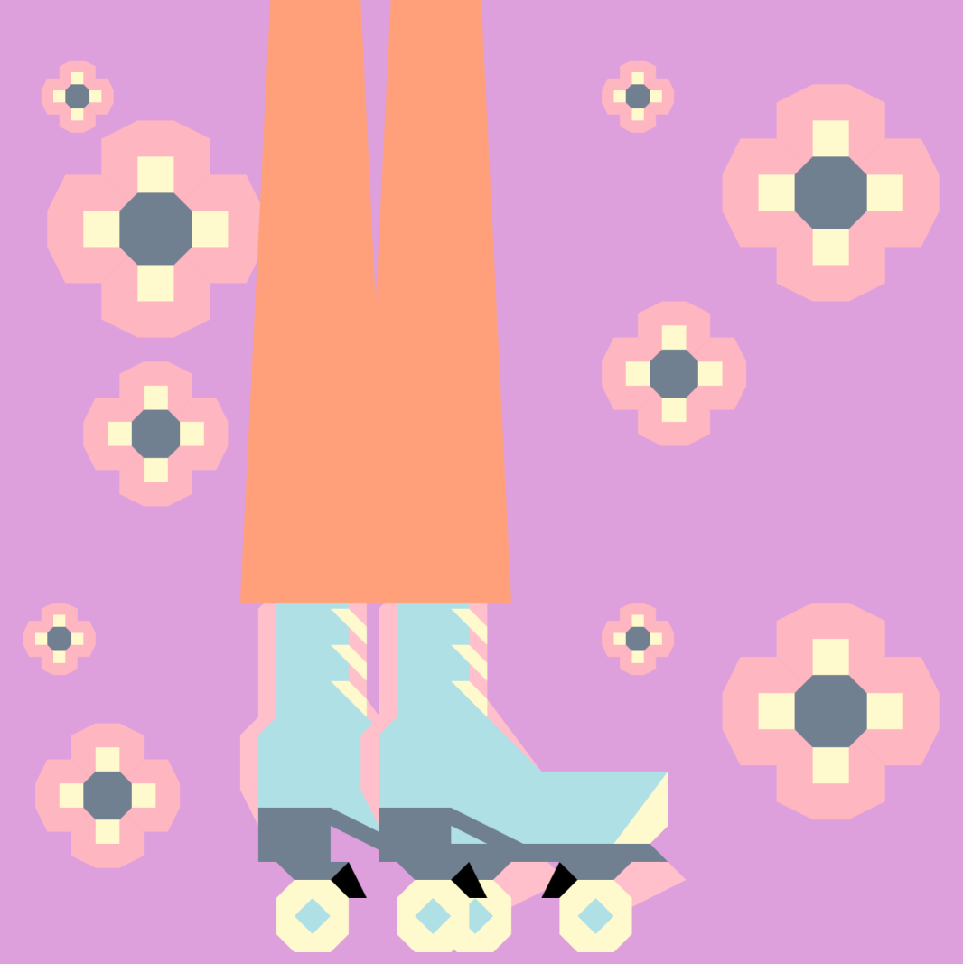A picture of a person's legs with roller skates and flowers in the background.