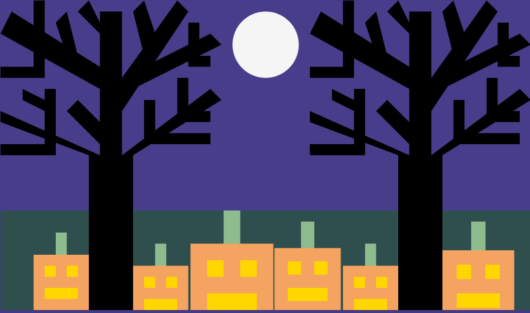 A picture of two trees with different-sized jack-o-lanterns below and the moon above.