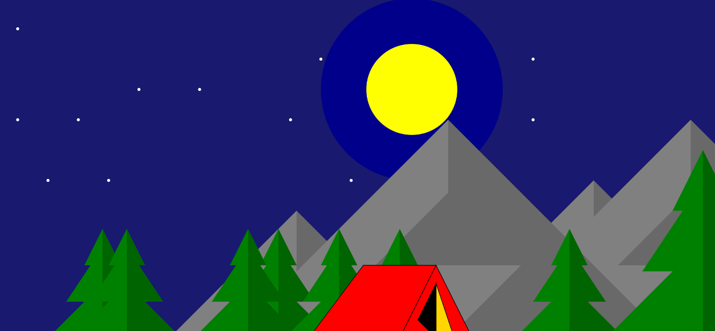 A tent in the mountains, surrounded by trees, and the moon with stars above.