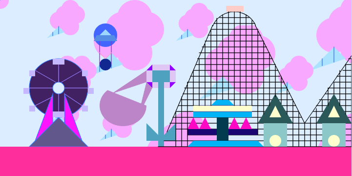A scene of an amusement partk with attractions made up of pink, purple, and blue geometric shapes.