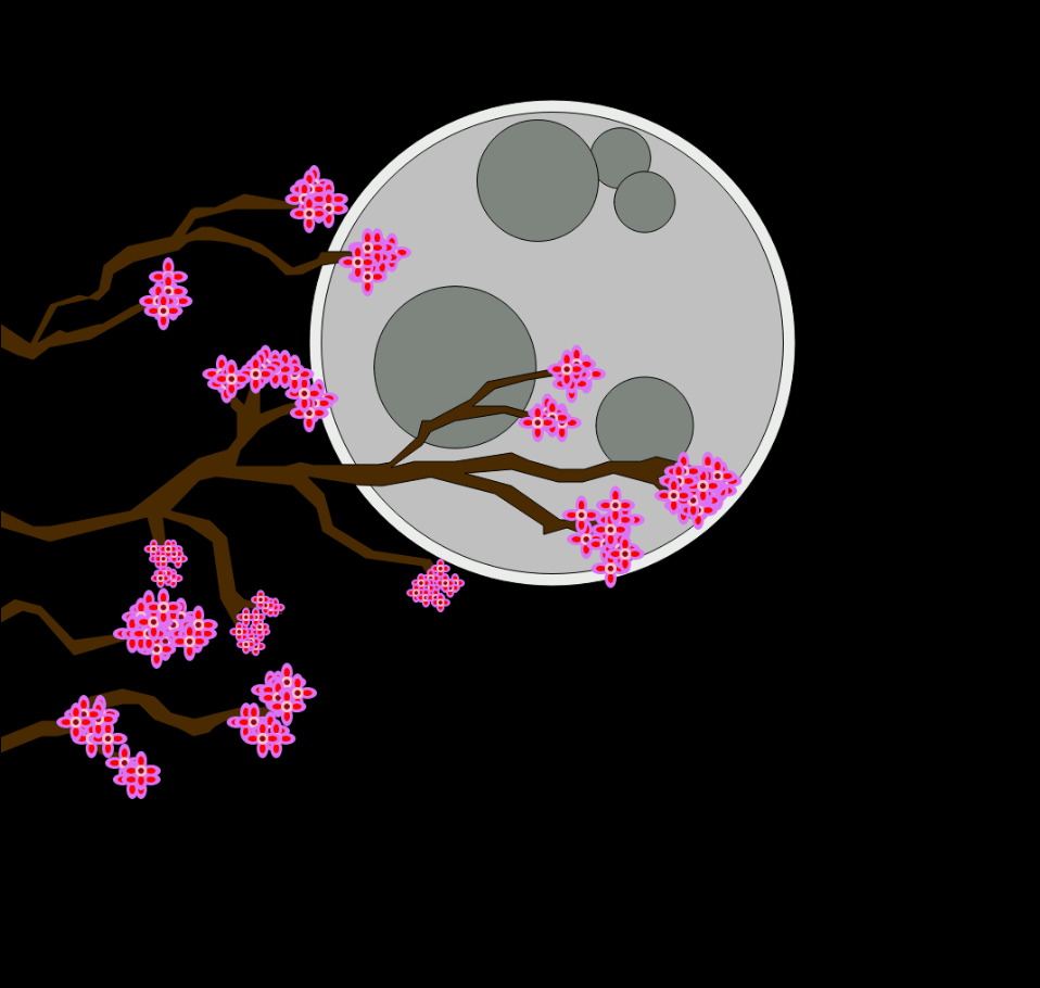 The moon with tree branches over it and pink flowers blooming from the branches.