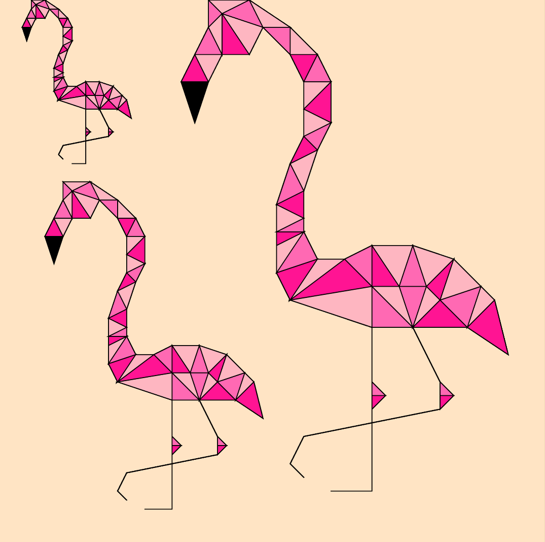 Three flamingos of different sizes that are made of triangles.