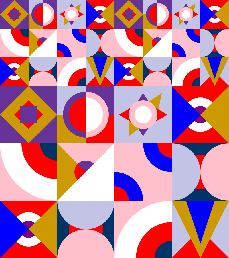 A quilt-like pattern with various designs using triangles, circles, and squares.