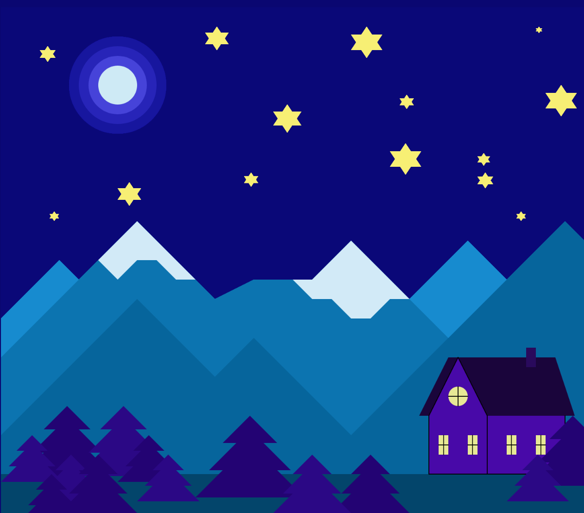 A house surrounded by trees with mountains in the background and the moon and stars above.