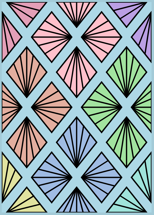 An abstract image of large diamonds made of four smaller diamonds, with black lines running from the center of the large diamond to the edge. Each group is a different pastel color.