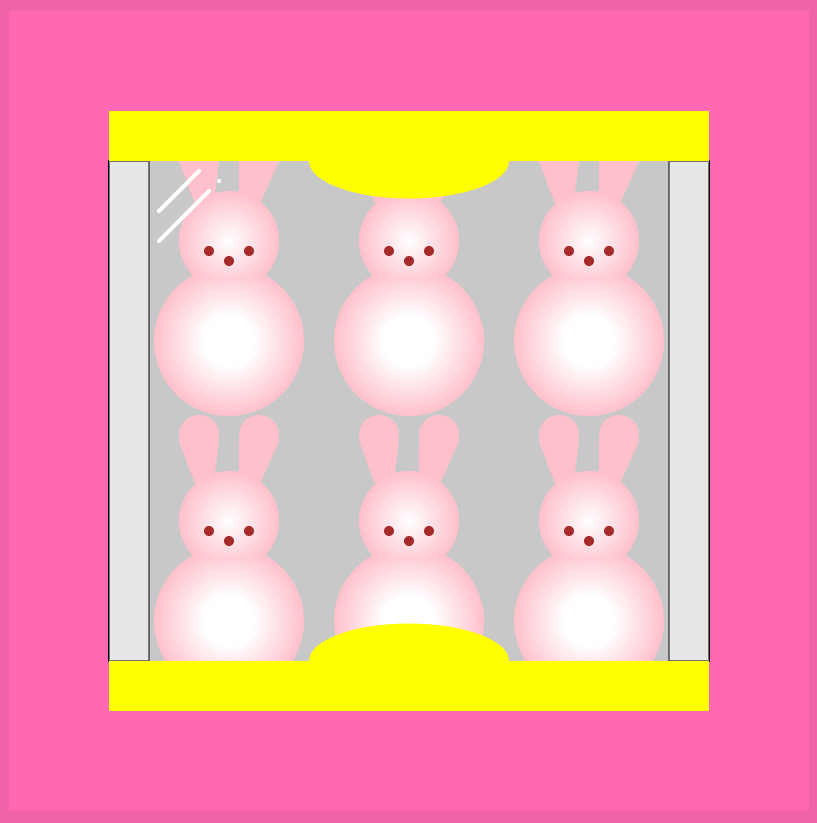 Pink peeps bunnies in a yellow box on a pink background.