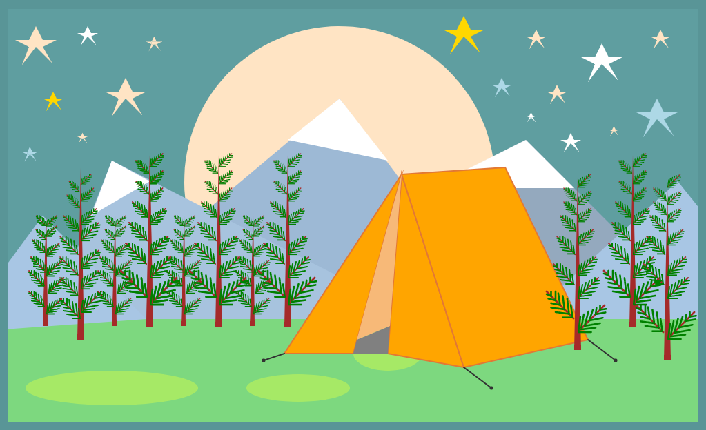 An orange tent staked among red and green conifers, with mounts, stars, and a large rising moon in the background.