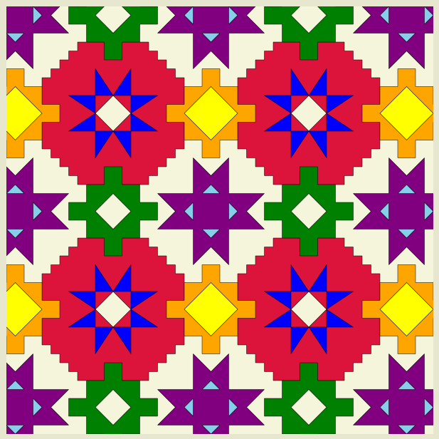 Many-colored stars, flowers, and geometric shapes in the style of a native american blanket.
