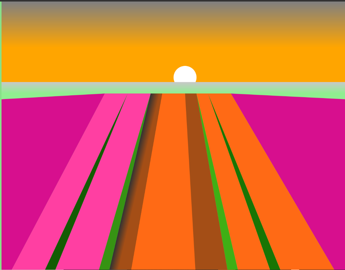 The sun sets behind a green hill, casting shadows onto a pink and orange field.
