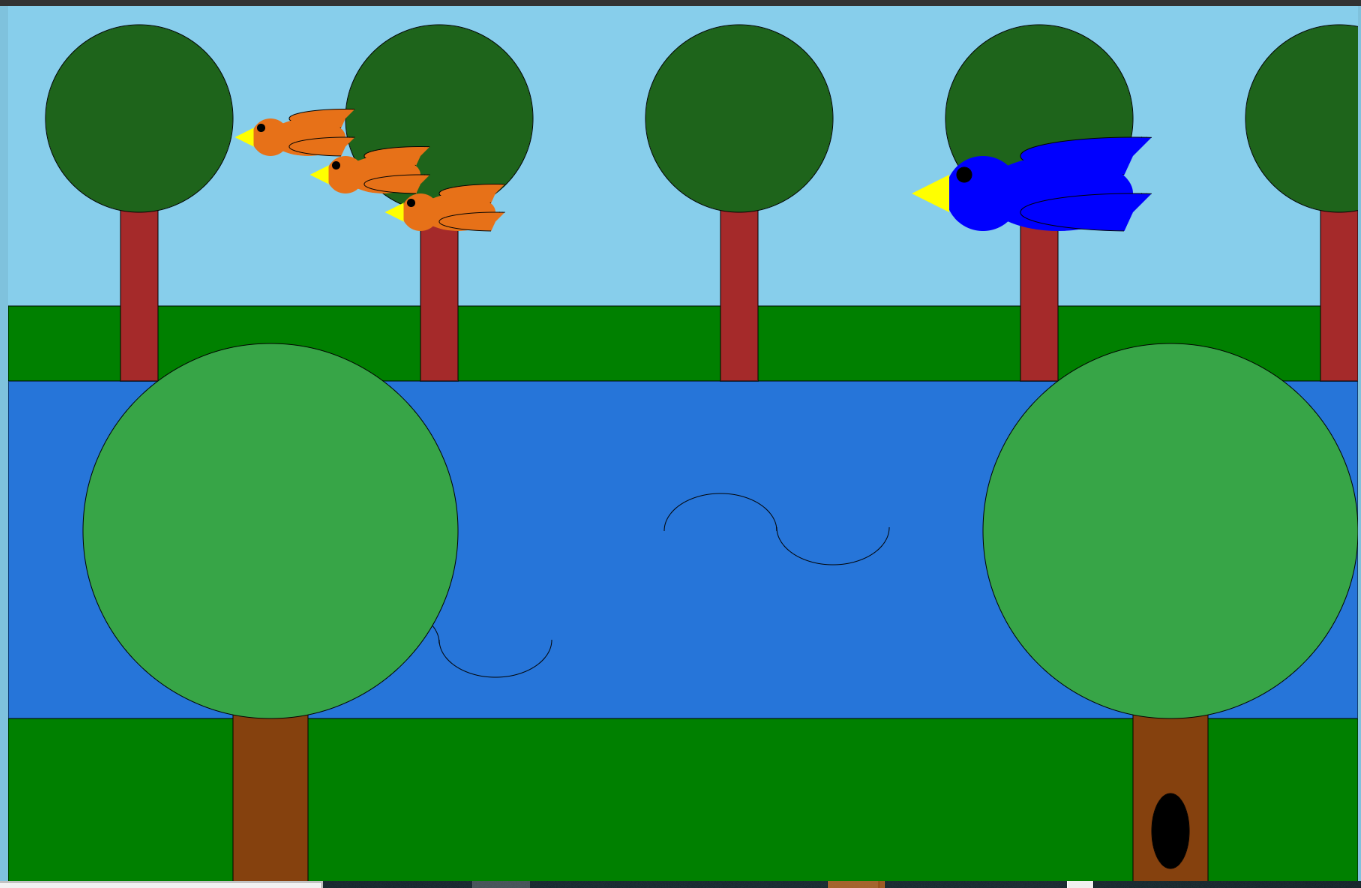 A large blue bird chases three small orange birds over a river lined with trees.
