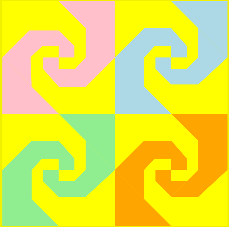 Four blocky swirls over a yellow background. Each swirl is a different color: pink, blue, green, and orange.