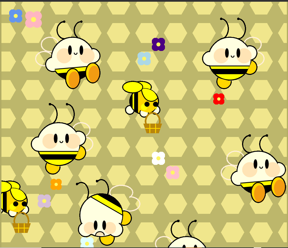 Several images of Kirby, dressed as a bee, dancing and flying on a background of honeycomb and flowers.