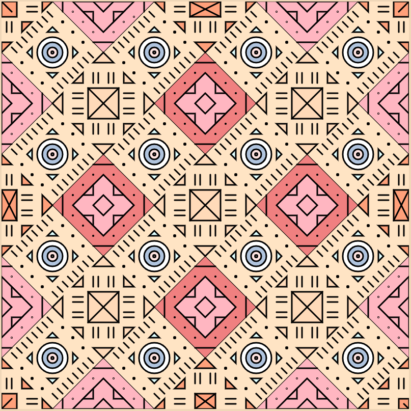 A mosaic of pink squares and blue circles set on a tan background, interspersed with patterns of lines and dots.