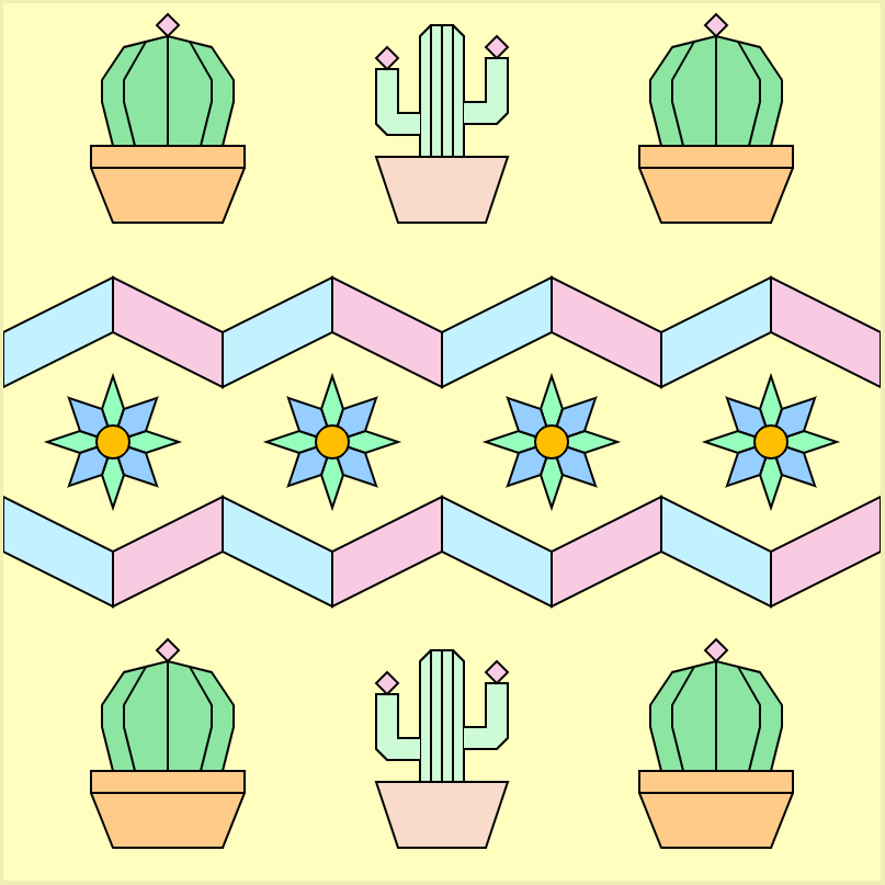 A mosaic-style image on a yellow background. Two blue-and-yellow wavy lines seperate for blue flowers from two rows of three cacti.