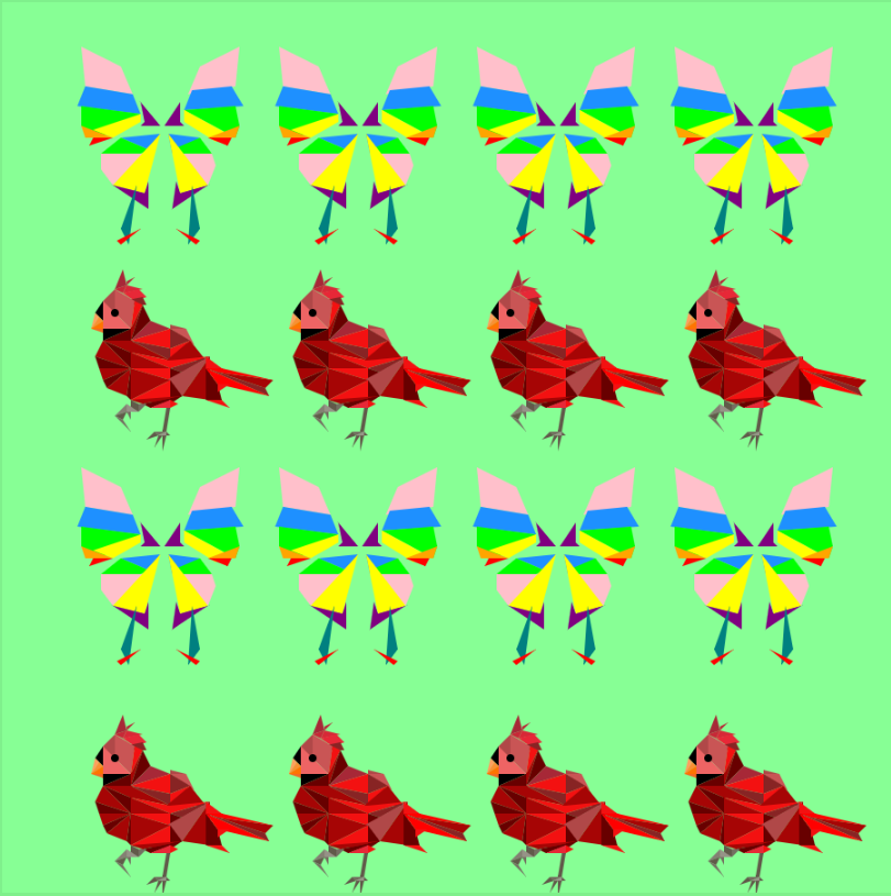 A mosaic-style image on a mint green background of two rows of four rainbow butterflys alternative with two rows of four red birds.