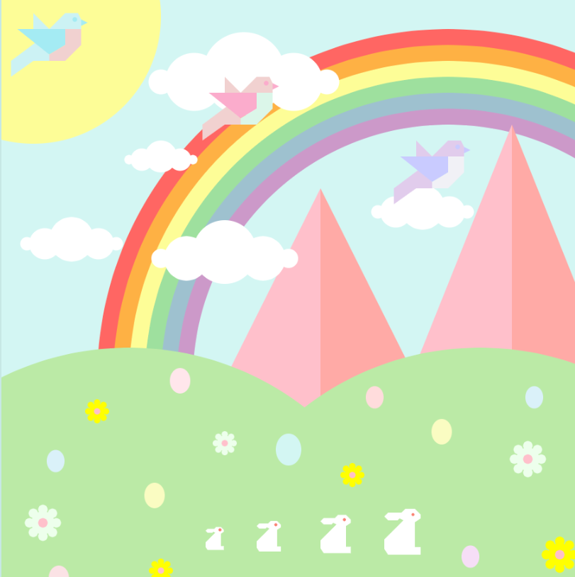 A moasic-style image in pastels of white rabbits and multicolored flowers and easter eggs sitting on a hill. Overhead are two pink mountains, a rainbow, the sun, and three birds flying among clouds.