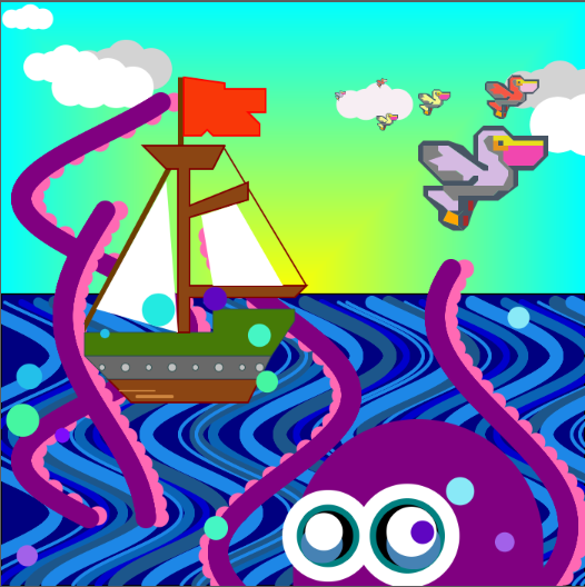 A purple octopus rises out of the sea and waprs its tentacles around a wooden ship. Pelicans fly by overhead.