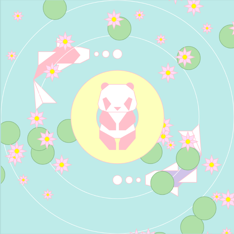 A pastel image of a pink panda floating in a yellow ring on a pond, surrounded by koi and lily pads.