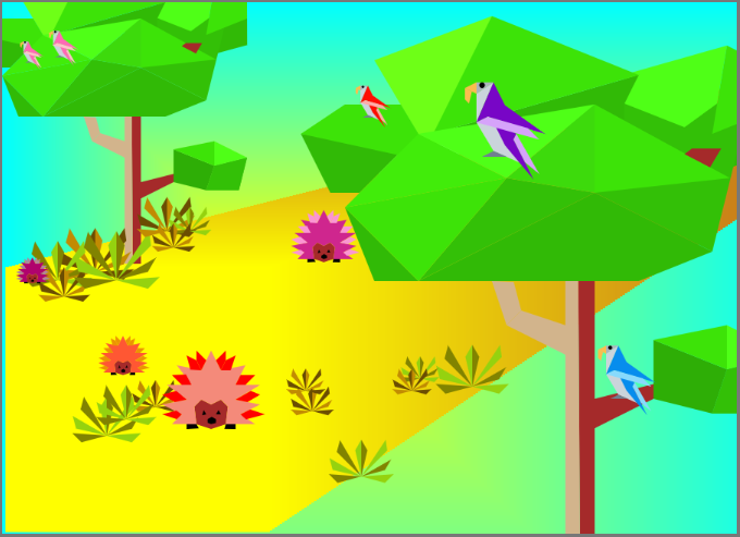 A mosaic-style image of many colored parrots in trees, and many colored hedgehogs on a path below.
