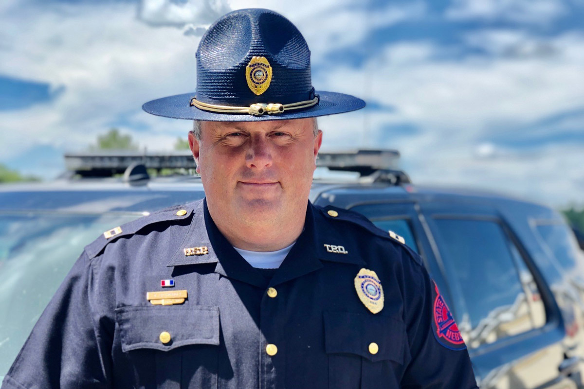 Portrait of Tyler Schmidt in his Nebraska State Patrol uniform