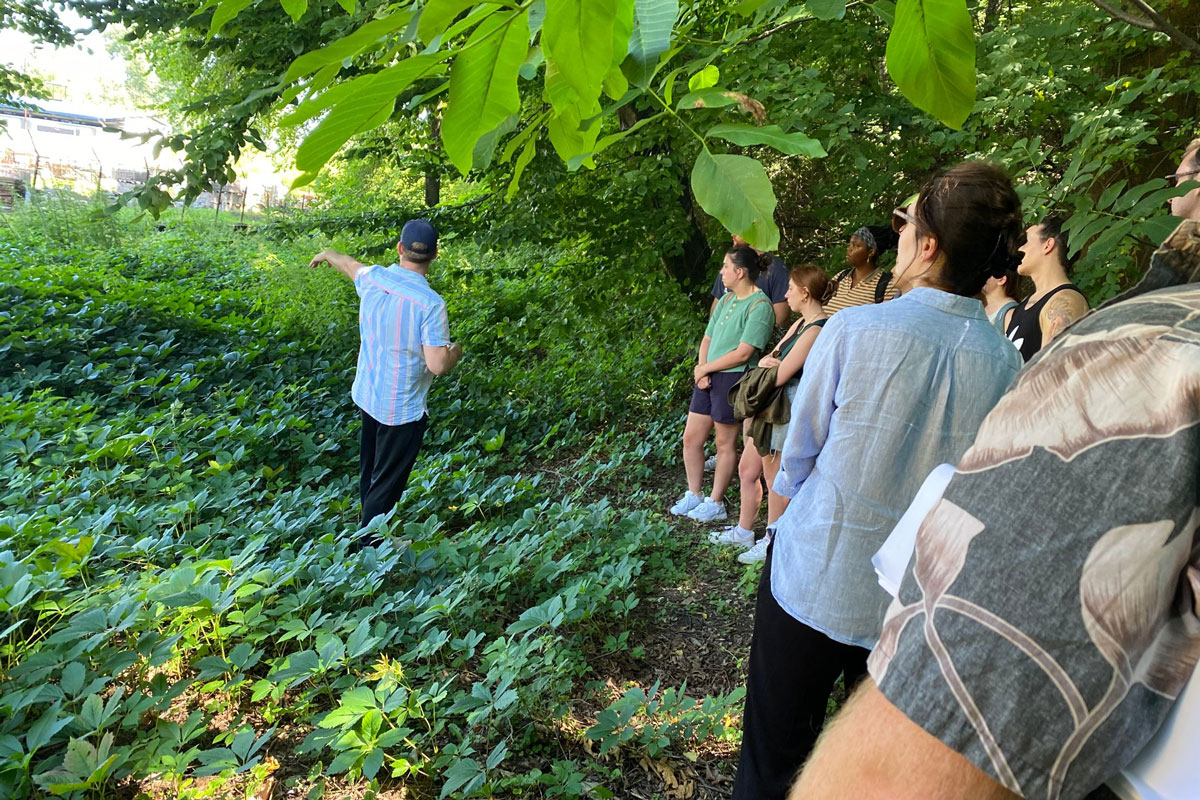 A man points while other gather around a grassy and overgrown space.