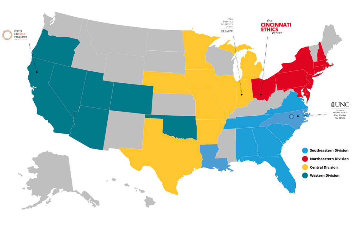 A map of the United States with divisions delineated by color.