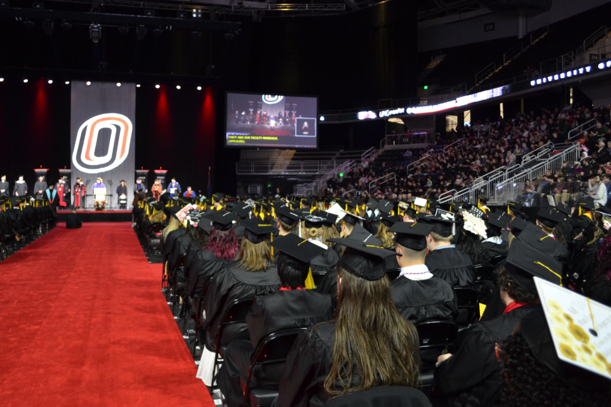 Students gather for commencement.