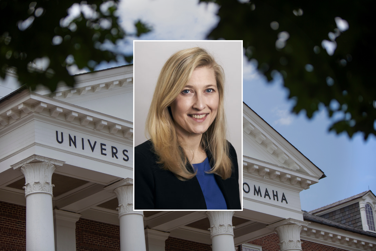 An image of Danielle Battisti over a photo of Arts and Sciences Hall. 