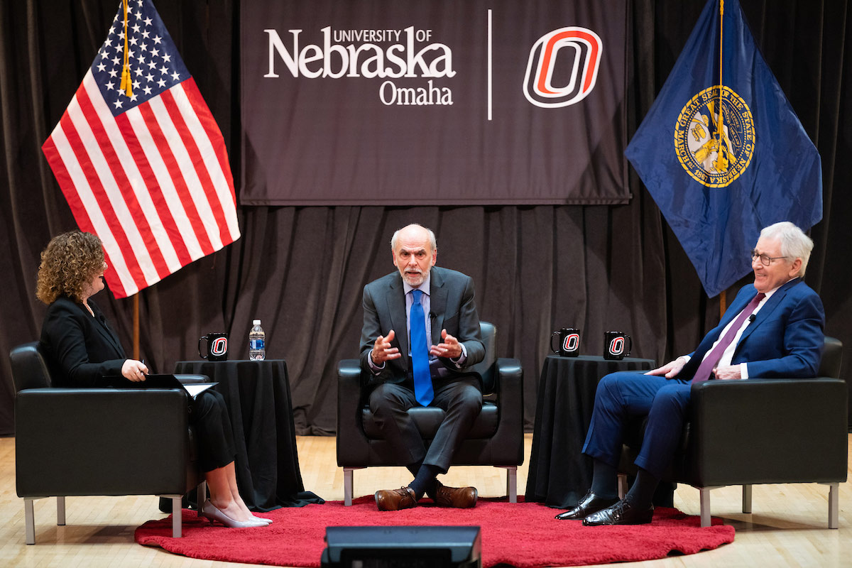 From left: Lana Obradovic, Ph.D., Gerald F. Seib, and Chuck Hagel