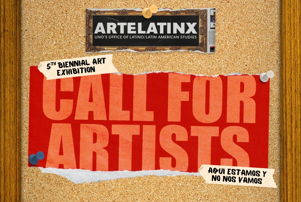 ArteLatinx Call for Artists graphic, ripped paper on a cork board.