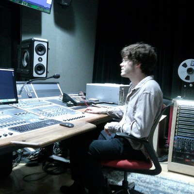 Student Joel Jarusek in the planetarium sound booth