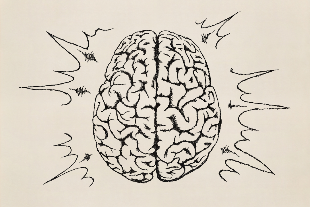 Black-and-white sketch of a human brain with jagged lines around it suggesting brain action.