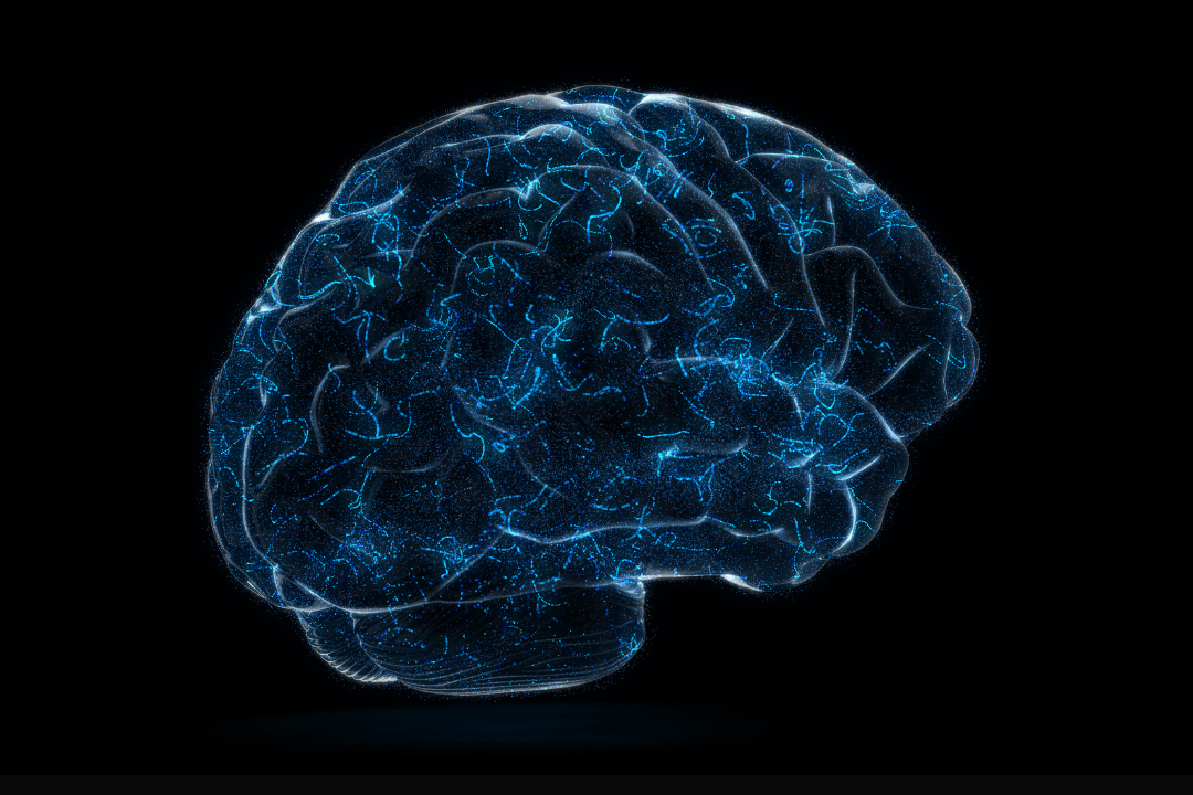 Glowing blue digital illustration of a human brain with network-like lines and particles on a black background.