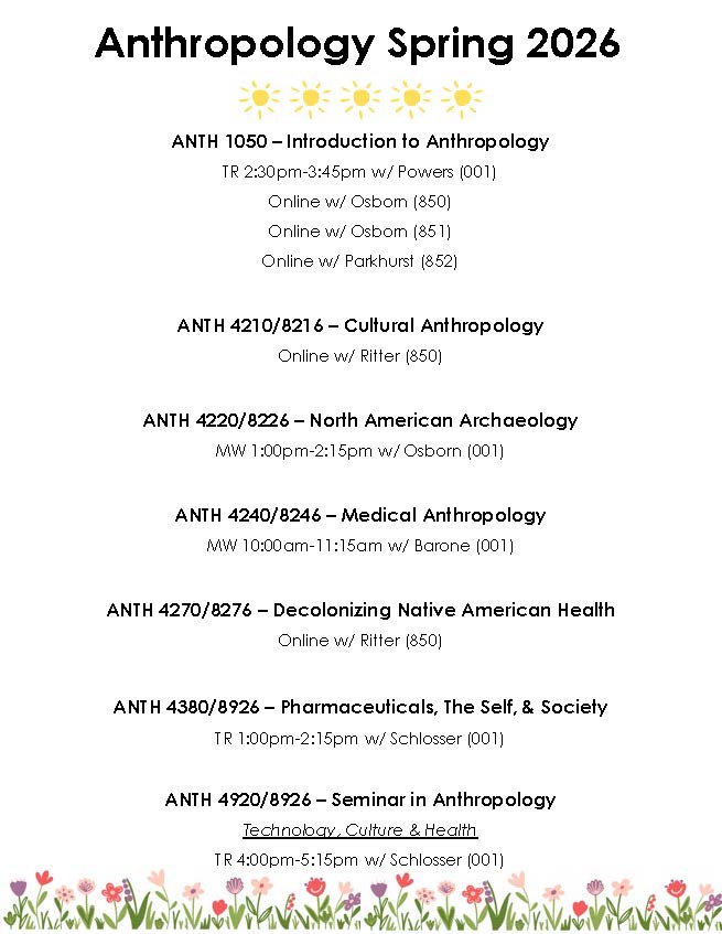 Anthropology spring schedule with days and times