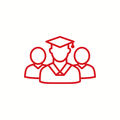 image of an icon in red color and a transparent background of three people, being the front one wearing a graduation cap.