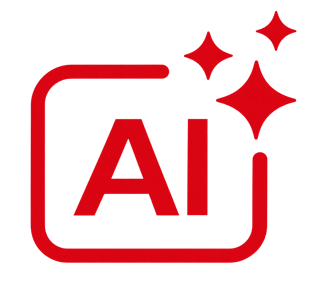 red color icon image of ai inside a square frame with stars.