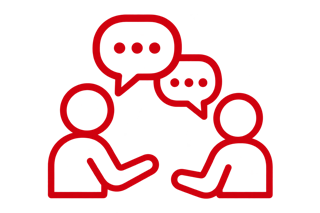 red color icon image of two people talking.