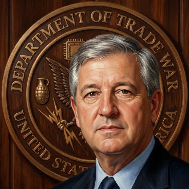 Illustrated portrait of Craig VanGrasstek, a gray-haired man wearing a dark suit and tie, positioned in front of a wooden seal featuring the words “Department of Trade War, United States of America.”