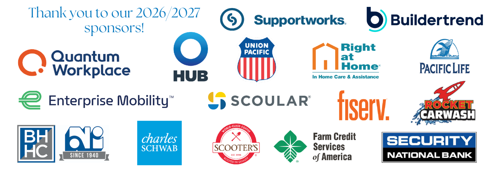 Sponsor thank-you graphic for 2026/2027 showing a grid of company logos, including Supportworks, Buildertrend, Quantum Workplace, HUB, Union Pacific, Right at Home, Pacific Life, Enterprise Mobility,